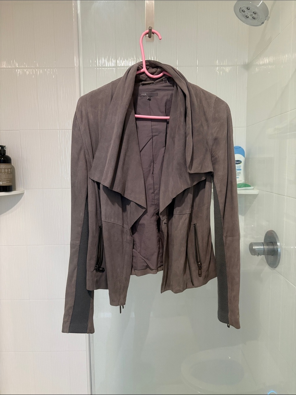 Vince Gray Suede Draped Open-Front Jacket